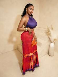 SHEIN BamGlam 女士高腰扎染印花荷叶边宽松阔腿裤，度假风 - 紅色 - 查看 4