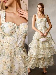 MOTF PREMIUM 2025 WOMEN'S NEW ELEGANT SWEETHEART NECK WAIST CINCHED LAYERED RUFFLE HEM FLORAL MESH DRESS - Green - View 8