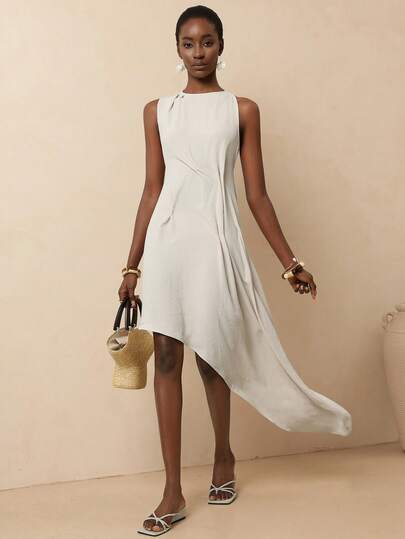 Vesra 女士休闲沙滩度假风纯色不对称下摆无袖连衣裙，夏季