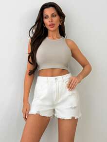SHEIN High Waist White Color Distressed Casual Style Mini Denim Short Woman's 100 Cotton Beach White Summer - White - View 4