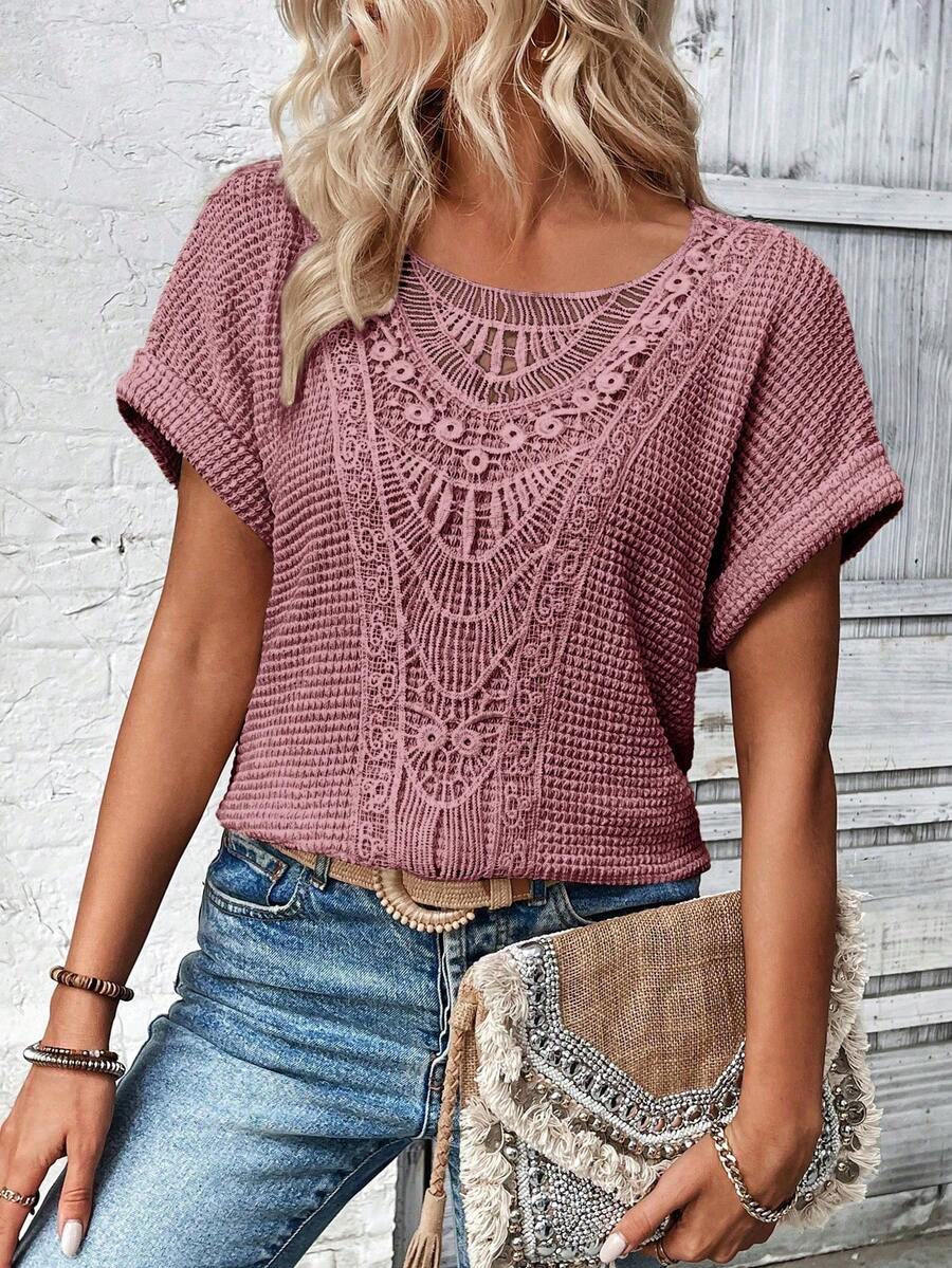 EMERY ROSE Camiseta de cuello redondo de manga corta de unicolor y textura para mujer - Morado - Ver 1