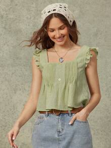 WESTFADE 条纹方领纽扣前襟荷叶边袖褶皱娃娃衫，适合春季、夏季、度假穿着，可爱吊带背心，休闲、海滨牛仔风、波西米亚风、农贸市场风、假期、海滩、节日、西部风情。 - 薄荷綠 - 查看 4