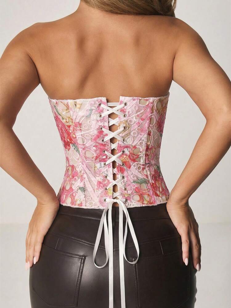 MISSGUIDED Top senza spalline a cuore con stampa floreale rosa su tutto e dettaglio di lacci sulla schiena per le donne