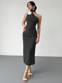 SHEIN Women's Elegant Sleeveless Floral Decor Polka Dot Print Dress - Black and White - View 6