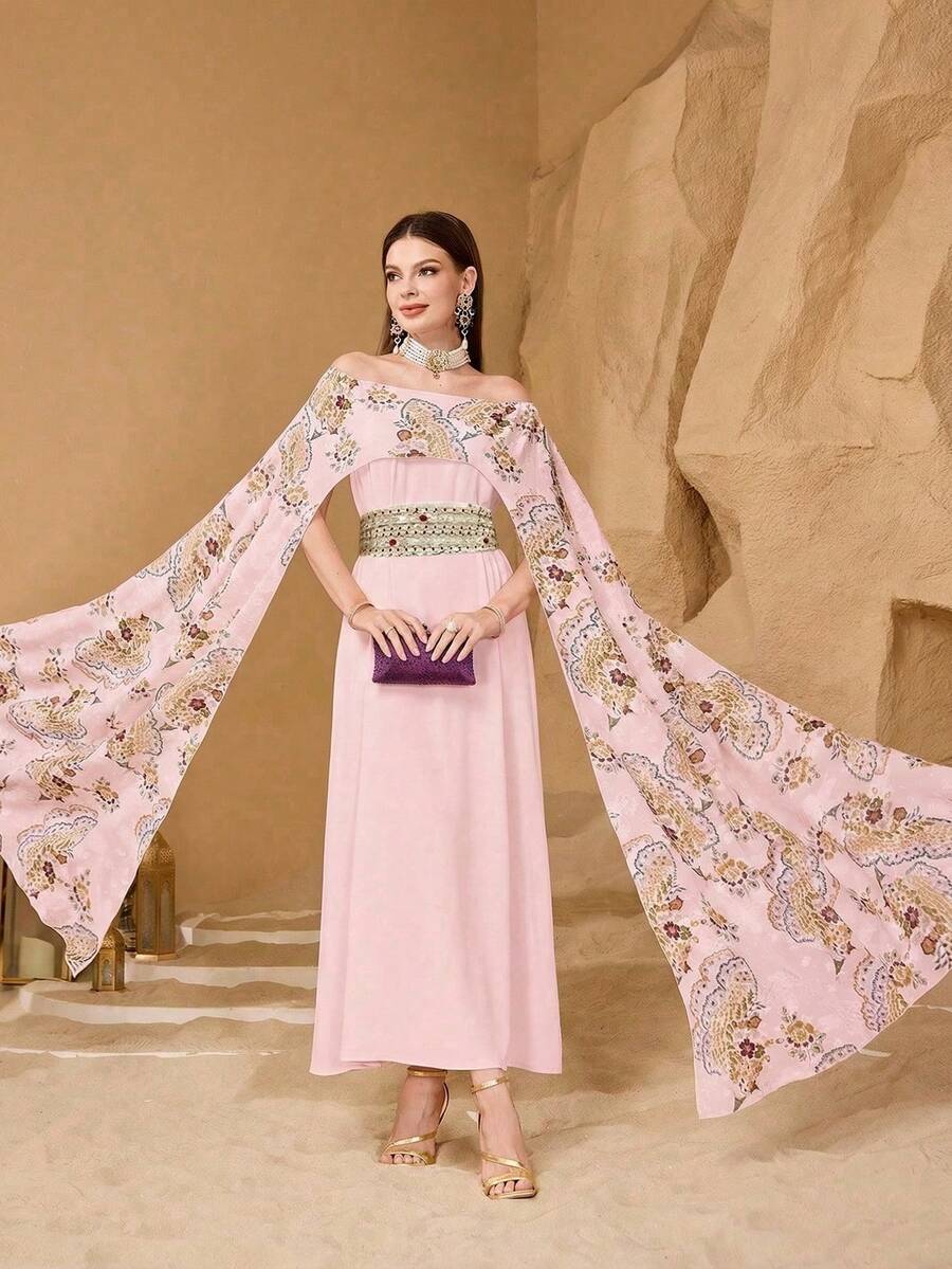 Modelyn 优雅花卉图案女士收腰显瘦中长连衣裙 - 淺粉色 - 查看 1