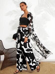 Gownix Women's 2 Pieces Set Zebra Print Outfits,Casual White And Black Wide Leg Pants Set,Bohemian Vacation Holiday Autumn Resort Wear Beach Cover Up Outfit - Black and White - View 8