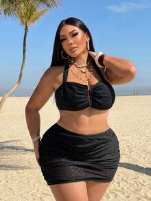Swim Vcay Damen Tankini Badeanzug Set mit dicken Trägern, 3-teilig, schwarz, geeignet für Strandurlaub, Große Größen - Schwarz - Übersicht 6