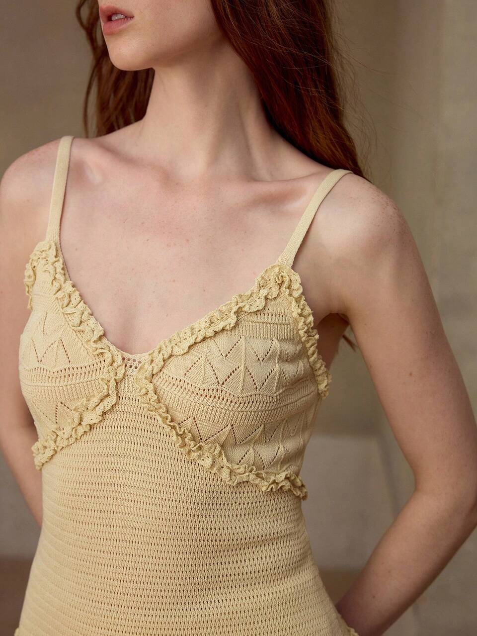 WOMEN'S YELLOW KNITTED TOP + SKIRT 2 PIECES SET, SPRING/SUMMER