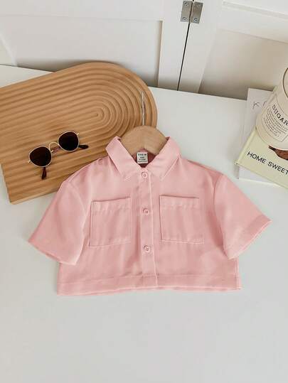 SHEIN LMoss Kids Babygirl Cute White Short Sleeve Shirt, Versatile For Summer