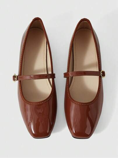 Sleekvia French Patent Leather Single Shoes Women's Flat Bottom 2026 Spring New One-Word Buckle With Mary Jane Shoes Color Matching Work Shoes