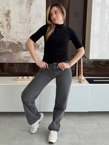 Katetique 女式半高领修腰七分袖毛衣上衣 Y2K 秋季 - 黑色 - 查看 6