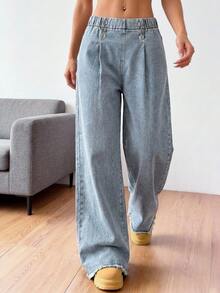 SHEIN Quần jeans ống rộng xếp ly cạp chun cho nữ tuổi teen, kiểu dáng thường ngày, đa năng, phù hợp cho các hoạt động mùa thu/đông như đi chơi, đi làm, tụ họp, ở nhà, đi nghỉ mát, và mùa tựu trường. - Rửa nhẹ - Xem 3