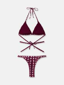 lacRébo Burgundy Floral-Geometric Pattern Triangle Bikini Set Spring Summer Swimwear Vintage Swimwear Style French Style Parisian Style Swimwear - Purple - View 7