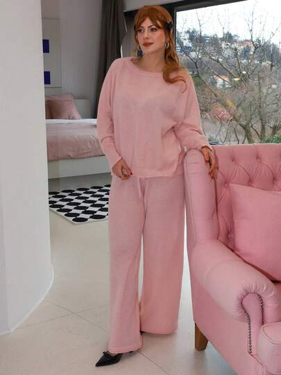 Gretanique 粉色不对称领长袖上衣搭配抽绳腰长裤休闲针织套装