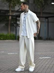 Devon Thys 2 件男士休闲 V 领短袖梭织衬衫和裤子亚麻套装，夏季、复古、舒适服装 - 杏色 - 查看 5