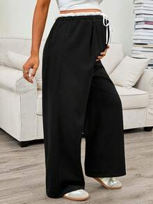 SHEIN Adjustable Waist Casual Loose Fit Maternity Pants, Versatile For Daily Wear - Black and White - View 3