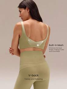 GLOWMODE FeatherFit™-Sculpt Push-Up Power Play Compressive Built-In Mesh Straps Removable Cups V-Back Demi Sports Bra Medium Impact Running Jogging Workout Gym Training Active Fall Winter - Olive Green - View 4