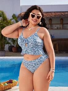 Swim Mod Bộ bikini 3 mảnh cỡ lớn dành cho nữ, kiểu dáng gợi cảm và thanh lịch với dây đeo mảnh, họa tiết hoa và bèo nhún, thích hợp cho kỳ nghỉ biển mùa xuân/hè. - Màu xanh lam - Xem 5