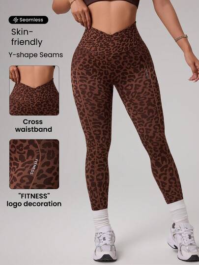 Dewbera Seamless High Elasticity Leopard Print Criss-Cross Waist Sports Leggings For Yoga Workout