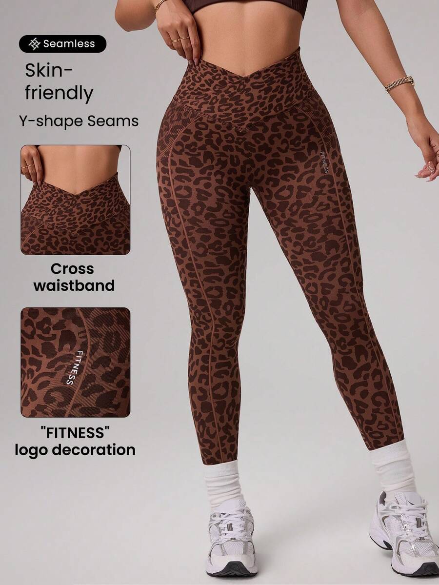 Dewbera Seamless High Elasticity Leopard Print Criss-Cross Waist Sports Leggings For Yoga Workout - Brown - View 1