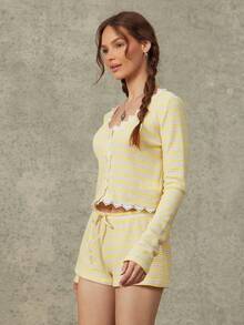 WESTFADE Women's Yellow Summer Casual Loungewear Crochet Lace Scoop Neck Button Front Striped Open Knit Crop Top & Mid Rise Drawstring Relaxed Shorts Sets - Apricot - View 4