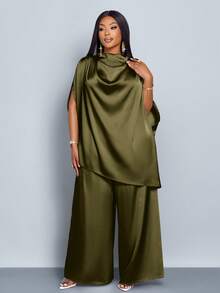 SOLERSUN 女士时尚纯色优雅高领蝙蝠袖缎面不对称下摆上衣搭配直筒优雅长裤套装，适合高个女装和办公室职业装。 - 橄欖綠 - 查看 4