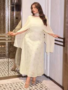 Modelyn 大码女士优雅刺绣长款两件套，珍珠装饰吊带连衣裙搭配衬衫，适合春秋季日常穿着和聚会场合。 - 杏色 - 查看 6