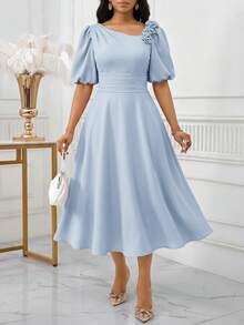 SHEIN Lady Damen Einfarbiges 3D Blumen Dekor Kleid mit kurzen Petal-Ärmeln, elegantes Midi-Kleid - Babyblau - Übersicht 4