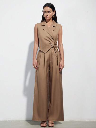 Aveloria Modichic 新款时尚现代法式欧式奢华英伦优雅套装，翻领不对称下摆系腰短袖外套搭配高腰直筒休闲裤，百搭女士两件套西装