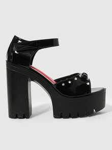 ROMWE Grunge Punk Women's Fashionable And Cute Peep-Toe Open-Toe High-Heeled Sandals, Punk-Style Gothic Elegant Bow Strap Design, Thick Waterproof Platform Chunky Heel, Spring/Summer Nightclub Party Festival Slip-On Women's Shoes - Black - View 3
