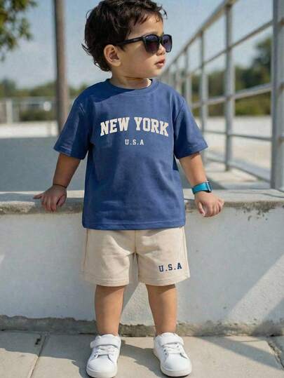 SHEIN Young Boy New Arrival Casual Minimalist Y2K, College Style, New York, Classic Fashion, Sporty Loose Comfortable Round Neck Short Sleeve T-Shirt, Suitable For Spring/Summer