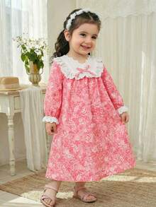 LMoss Kids 女婴春夏休闲蕾丝边碎花长袖连衣裙，粉色 - 彩色 - 查看 1