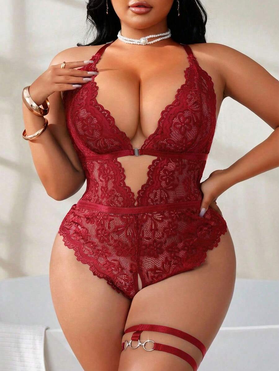 2pcs Plus Size Lace Wireless Lingerie Set, Intimate Apparel For Valentine's Day - Burgundy - View 1