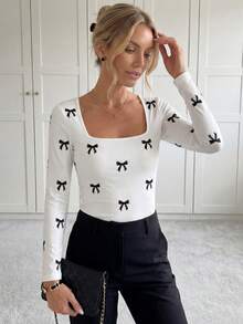 SHEIN LUNE 休闲复古通勤百搭保暖印花图案T恤，黑白领结印花，舒适保暖，女士长袖T恤，适合秋冬季作为内搭穿着。 - 彩色 - 查看 2