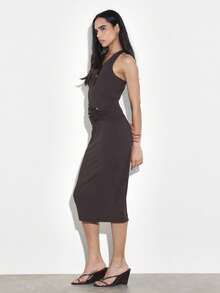 KSTM Women's Sleeveless V-Neck Bodycon Midi Dress With Twist Back Detail And Ruched Waist For Casual Evening Occasions - Coffee Brown - View 3
