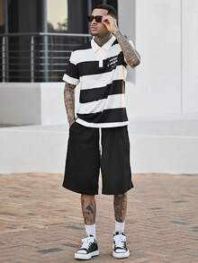 Devon Thys 男士休闲撞色条纹纽扣 Polo 衫 - 黑與白 - 查看 4