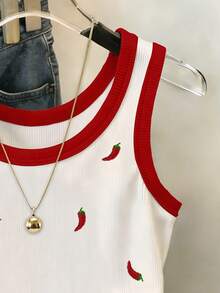 INAWLY 女士撞色圆领背心，饰有辣椒刺绣 - 白色 - 查看 4