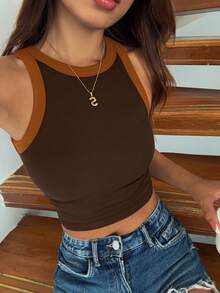 DAZY Women's Patchwork Contrast Color Basic Sports Tank Top Crop Tops Women - Brown - View 6