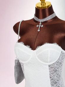 Amplova Vestido mini ajustado transparente con detalles de encaje para fiesta - Blanco - Ver 6