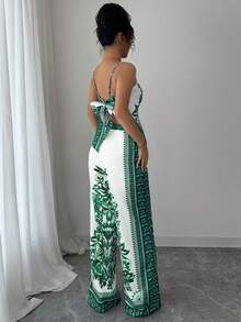 Elenzga 女士优雅时尚通勤休闲舒适音乐节度假波西米亚风无袖吊带背心（后背系带）搭配印花阔腿裤两件套 - 綠色 - 查看 2