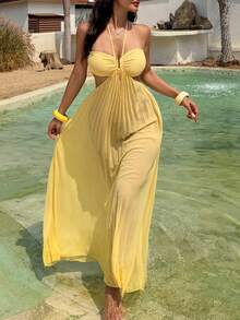 Livesso Đầm dài/áo khoác ngoài đi biển dành cho nữ, dây mảnh, hở lưng/khoét sâu. - Màu vàng - Xem 6