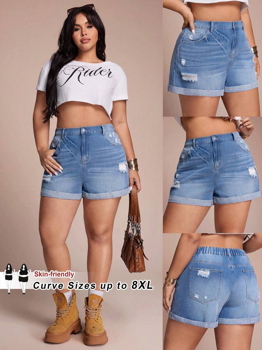 SHEIN CURVE+ 大码休闲水洗做旧牛仔短裤，春夏嘉年华服装通勤度假毕业时尚Y2K可爱街头风派对婚礼优雅商务休闲女装春季百搭背带裤，大码修身牛仔短裤，卷边破洞细节毛边卷边牛仔短裤，膝上高腰短裤街头风破洞短裤Y2K风格牛仔短裤复活节牛仔短裤 - 藍色 - 查看 1