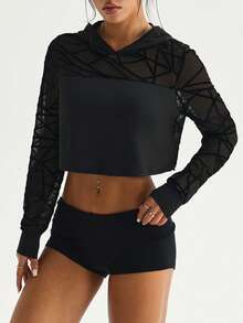 Slayform Áo nỉ có mũ dáng rộng cho nữ, thích hợp cho mùa xuân/hè, tay dài với họa tiết ghép vải ở tay áo, xẻ tà phía trước, toàn bộ lưng bằng lưới mềm mại, phù hợp cho mặc thường ngày, chạy bộ, yoga, tập gym, tennis, golf. - màu đen - Xem 5