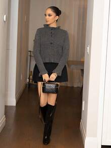 Melissa Matos 分层荷叶边下摆针织开衫，时尚甜美，百搭套头毛衣 - 灰色 - 查看 1