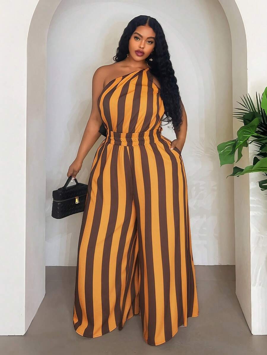 Slaydiva 春夏音乐节/万圣节服装、复活节、西部风、游牧风、生日派对、毕业典礼、学生装、日常休闲、百搭基础款、休闲、邮轮旅行、海滩、日光浴、潮流单品、商务休闲、单肩、扭结、露肩、露背、短款上衣和直筒宽松裤、荷叶边、口袋、纹理面料、大码两件套 - 棕色条纹、夏季服装