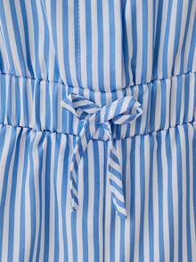 SHEIN Salopetă casual cu dungi, mânecă scurtă, pentru fete preadolescente, cu guler și talie elastică, potrivită pentru purtare zilnică, vacanțe și întâlniri - Albastru - Vizualizare 4