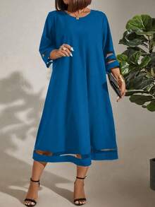 EMERY ROSE Plus Size Loose Mesh Splice Casual Dress Maxi Women Outfit - Blue - View 3