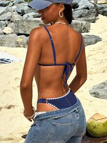 Swim Vcay 2 pièces Ensemble de bikini bandeau réglable en tissu texturé bleu marine avec dentelle blanche, style vacances. Maillot de bain deux pièces bleu marine, bikini violet pour vacances, bikini bleu marine avec bordure ondulée, ensembles de bikini texturés pour femmes, maillots de bain deux pièces pour femmes, tenues de plage deux pièces pour femmes - Bleu marine - Voir 2