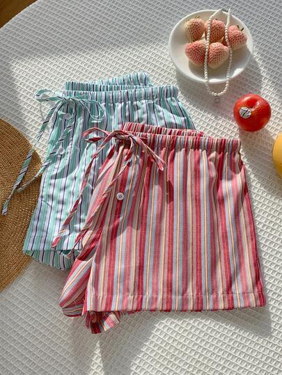 CovetEZ Quần short nữ kiểu dáng thường ngày, kẻ sọc, thắt eo.