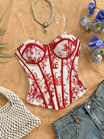 Soleia Women's Retro Floral Contrast Color Cropped Top, Vintage Bustier Corset Top, Suitable For Party, Bohemian, Boho, Vacation, Fall